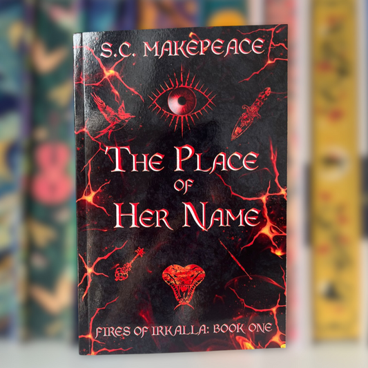 Book cover of 'The Place of Her Name' by S.C. Makepeace with red eye design on a black background.